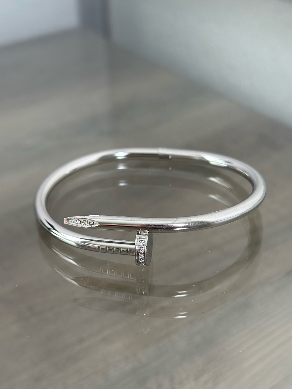 Silver Nail-Style Crystal Accent Bangle Bracelet